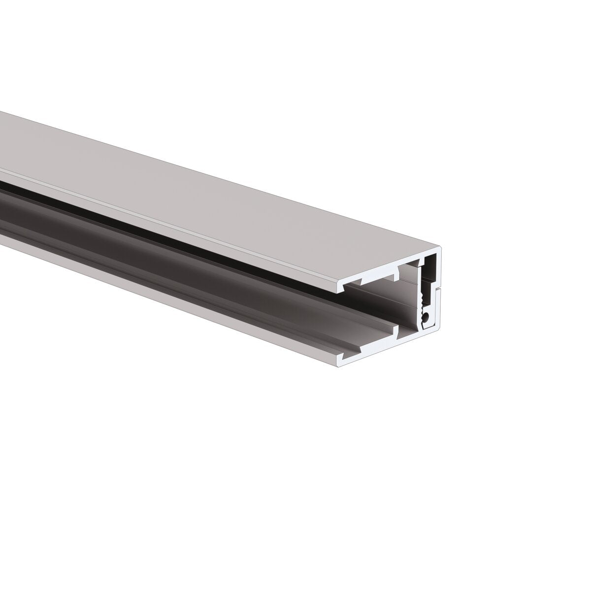 A close-up of the Klus KRAV-05IN Edge-lit LED Extrusion for 1/2 glass panels shows its metallic, rectangular hollow channel and grooves, ideal as an LED profile or for edge illumination, isolated on a white background.