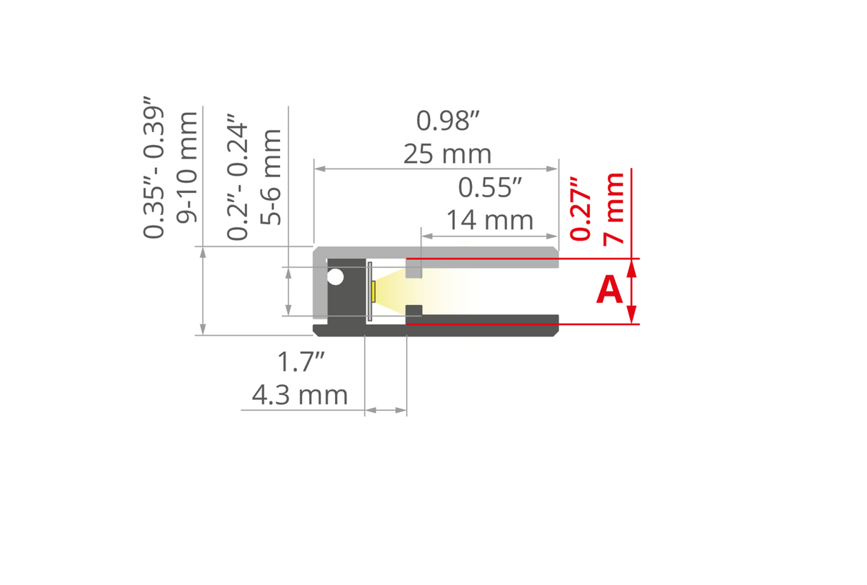 Technical drawing of the Klus KRAV-56 edge-lit LED extrusion for 1/4 glass panels, double-anodized aluminum with dimensions: lengths 0.98 (25mm), 0.55 (14mm), 1.7 (43mm), heights 0.2–0.39 (5–10mm) labeled in inches/mm.