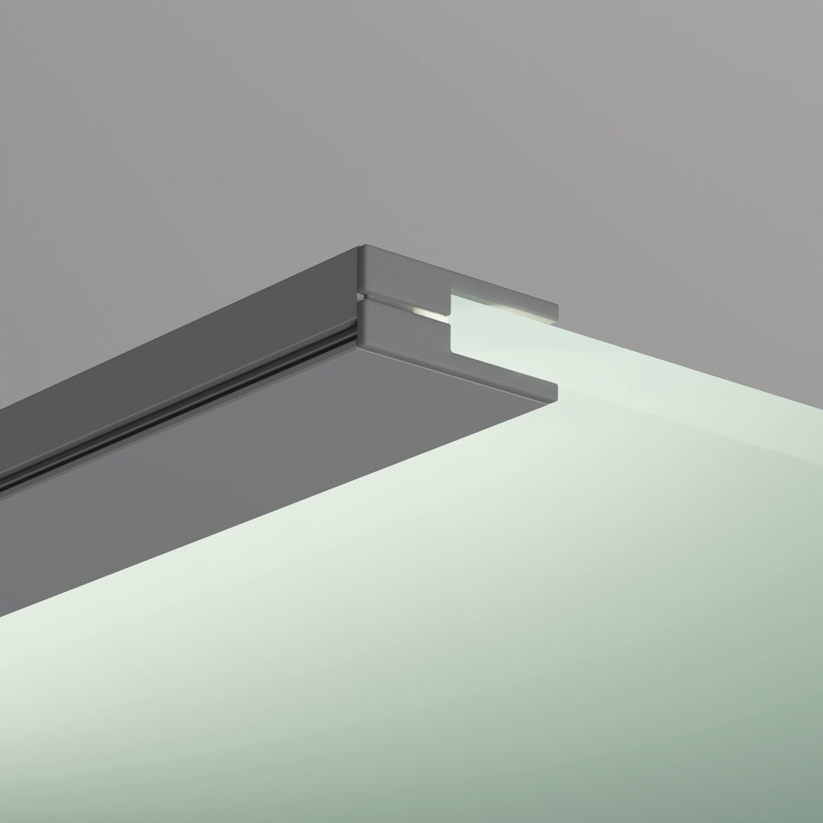 Close-up of the Klus KRAV-56 edge-lit LED extrusion, designed for 1/4 glass panels and housed in a double-anodized aluminum frame with a groove, set against a neutral gray background to highlight its clean, contemporary design and premium materials.