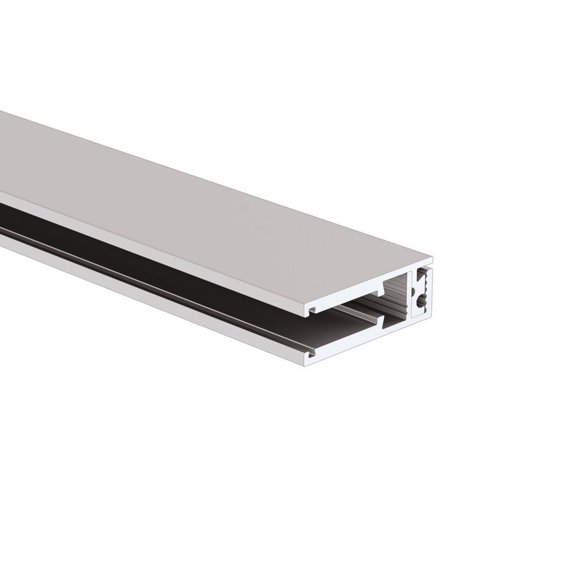 The Klus KRAV-56 is a silver, double-anodized aluminum edge-lit LED extrusion for 1/4 glass panels, featuring an open slot along one side. Background is plain white.