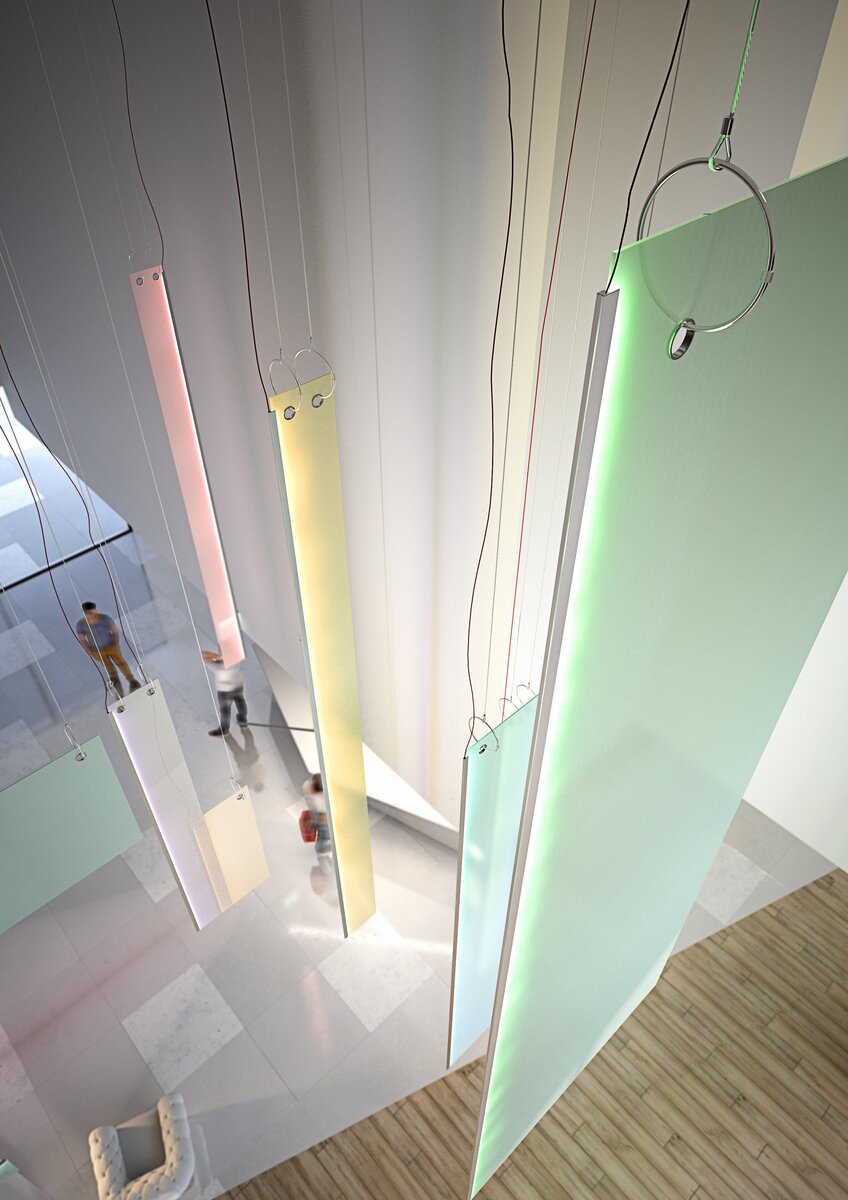 Model Klus KRAV-810, an edge-lit LED extrusion for 3/8 glass panels, creates suspended pastel-toned panels with glowing edges in a modern space filled with natural light and people walking on checkered flooring below.