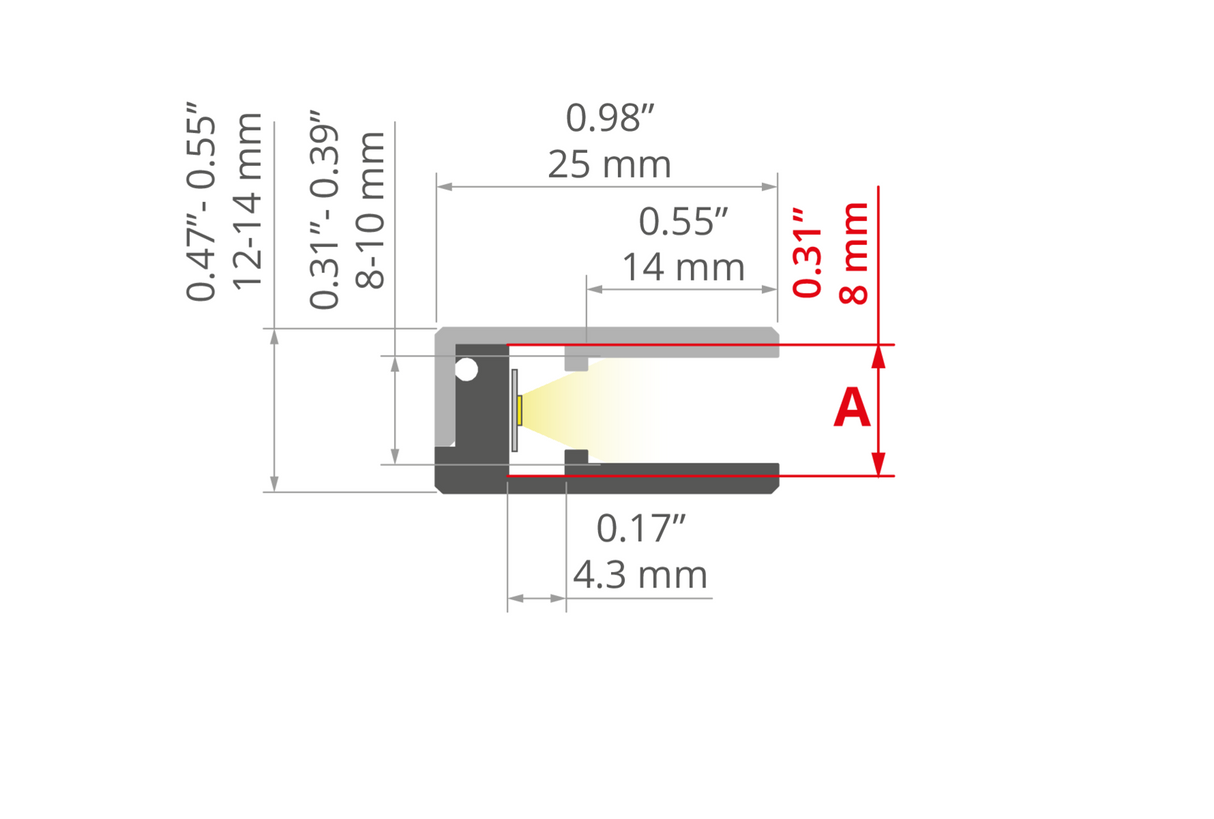 Technical drawing of the Edge-lit LED Extrusion for 3/8 Glass Panels (Model Klus KRAV-810) with labeled dimensions: width 25 mm, gap 14 mm, height 8 mm; various measurements in mm and inches for edge illumination applications.