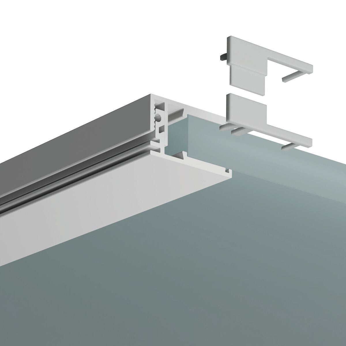 A close-up of the End Cap for KRAV-810 Profile on a white metal track with a transparent glass panel and two detachable brackets, showing how the brackets connect to the KRAV-810 system.