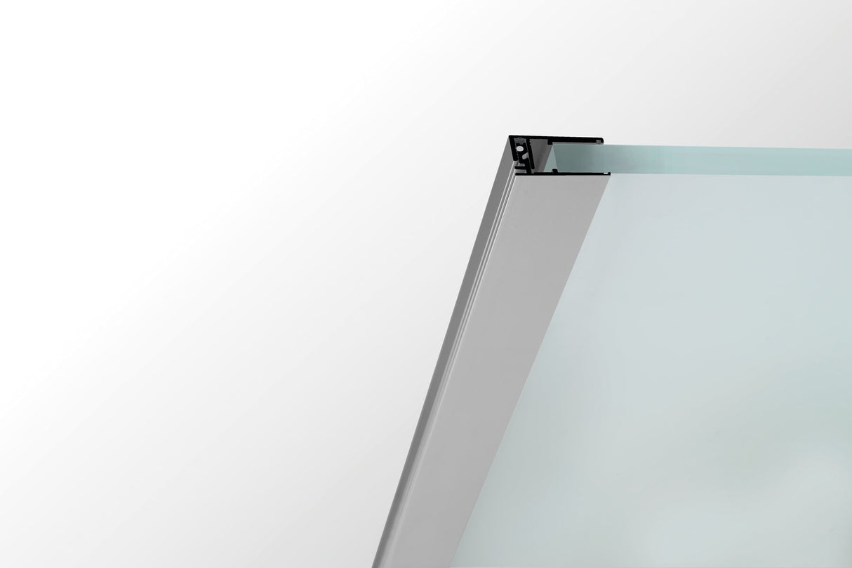 Close-up of the Klus KRAV-810 Edge-lit LED Extrusion securely holding a 3/8 frosted glass panel at an angle, set against a plain, light background.
