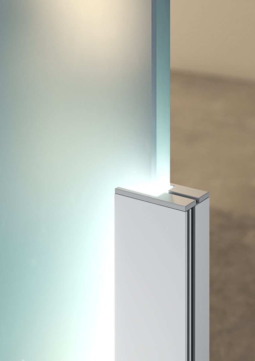 Close-up of the Klus KRAV-810 edge-lit LED extrusion securing a 3/8 frosted glass panel, with soft illumination accentuating the glass edges against a neutral blurred background. Silver aluminum clamp adds a sleek touch.