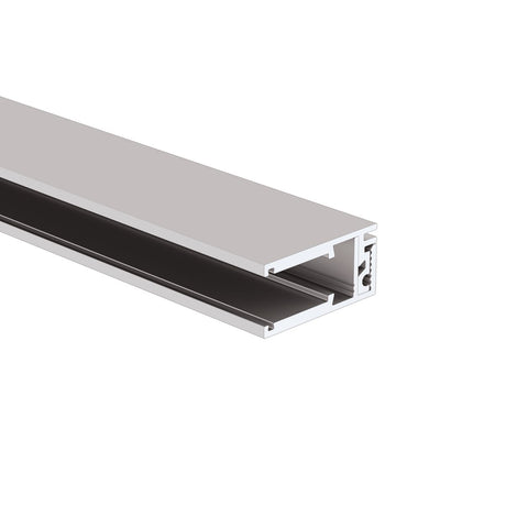 A close-up of the Klus KRAV-810 Edge-lit LED Extrusion for 3/8 glass panels, featuring an open channel and grooves, designed for supporting or mounting applications, displayed against a white background.