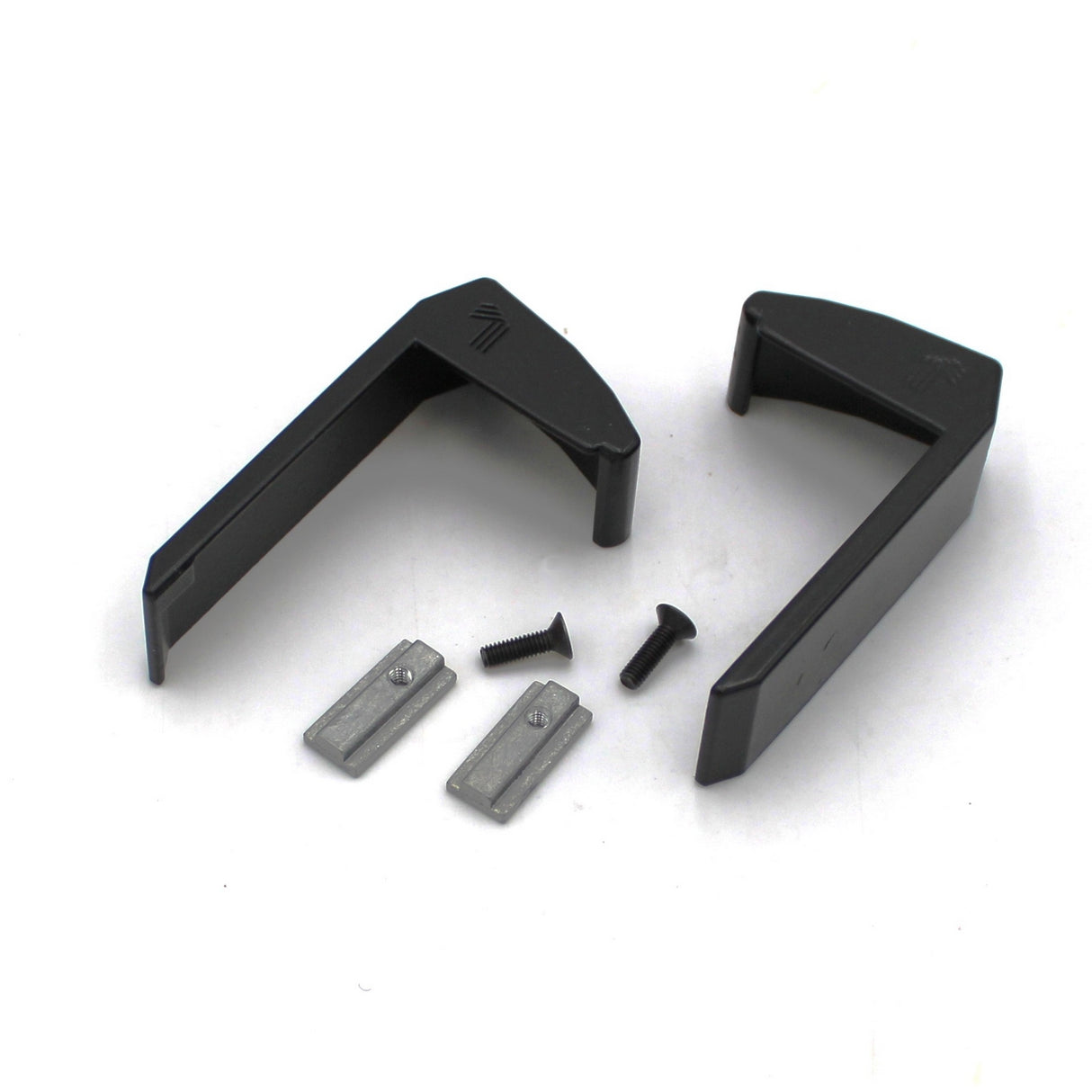 Two black plastic End Caps for Niza Duo, two cast aluminum plates, and two black screws are arranged on a white background.