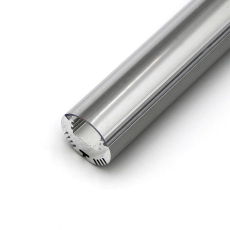 A close-up of a Diffuser for Alu-Round profile, showcasing its shiny, gear-notched metal end against a white background. Made in Europe.