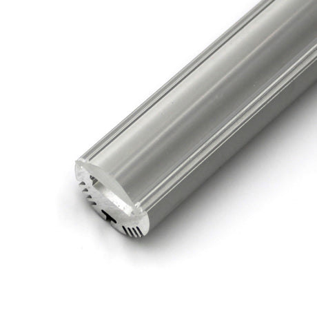Close-up of a 2m long silver-colored Alu Round profile, cylindrical with domed top and smooth sides, cross-section at one end—perfect for integration with the 30 degree optic lens for Alu-Round profile; bulk pricing available.