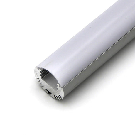 A close-up of the Diffuser for Alu-Round profile, featuring a white plastic cover designed for LED strip housing. Its grooves highlight precision engineering. Made in Europe for quality and durability.