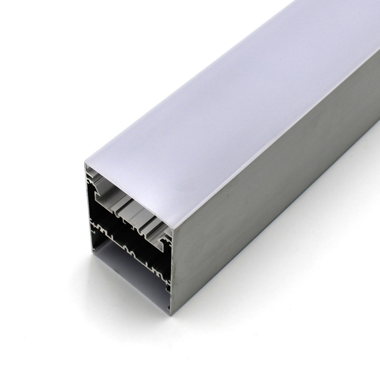 A close-up of the Direct/Indirect Linear Pendant Lighting LED Channel ~ Model DPL70FL, a silver aluminum extrusion with rectangular shape and internal channels, ideal for high power LED strips, shown against a white background.