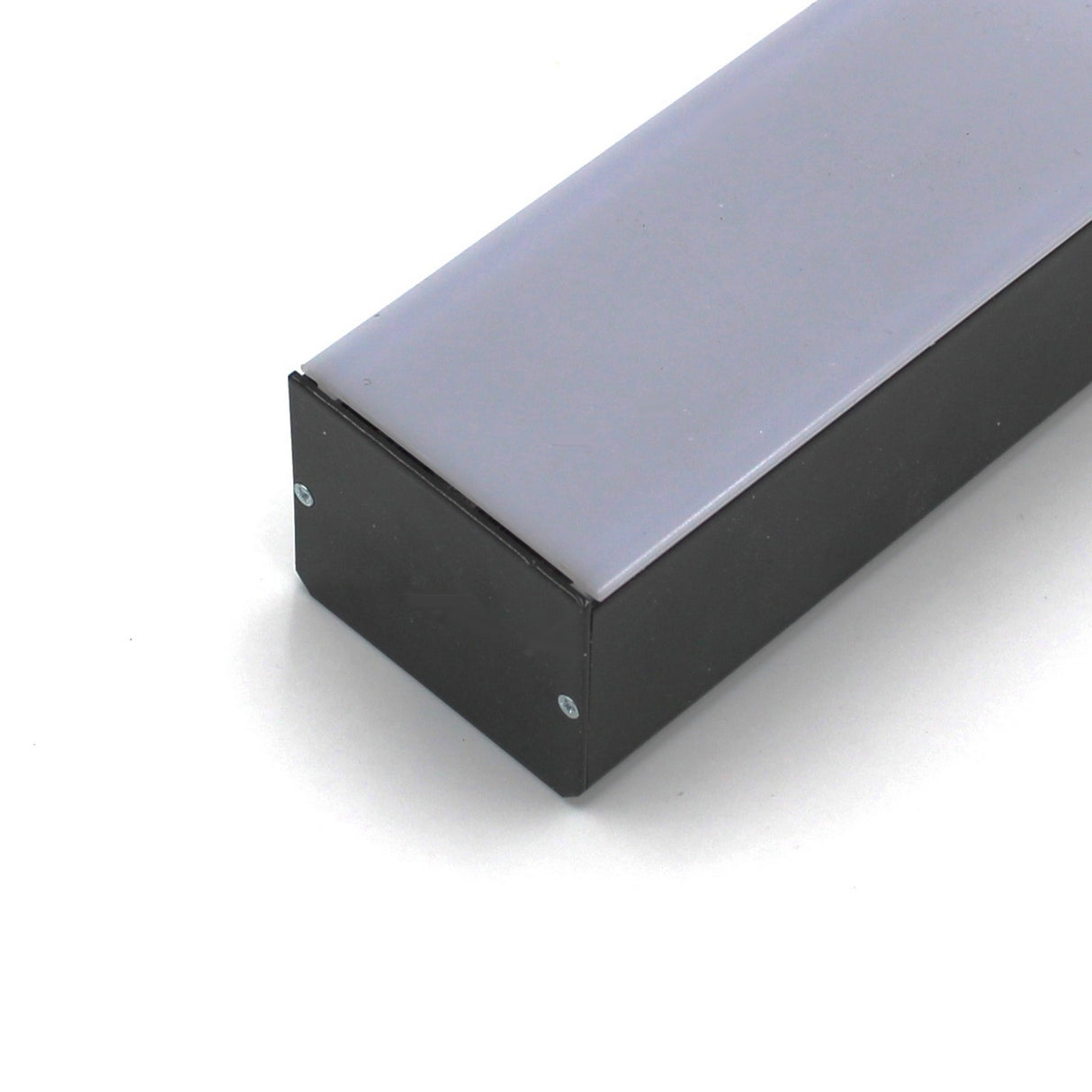 A close-up of the 2 Wide Aluminum Linear LED Lighting Profile (Model PL55-FL) shows its rectangular black and gray metal housing with screws on the end panel, set against a white background. Compatible diffuser options and reflectors boost performance.
