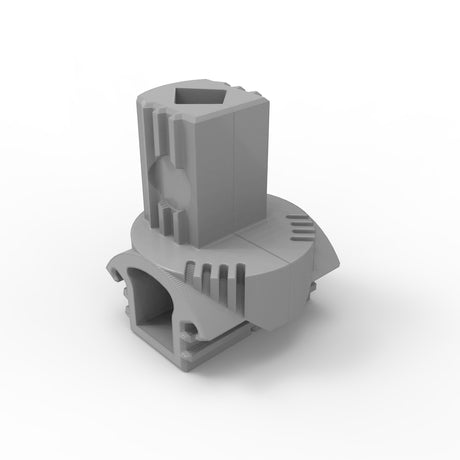 The T Joiner for Alu-Round Profile is a 3D-rendered gray plastic connector with geometric shapes, slots, grooves, and round and hexagonal openings on a plain white background—perfect for 3D printing applications.