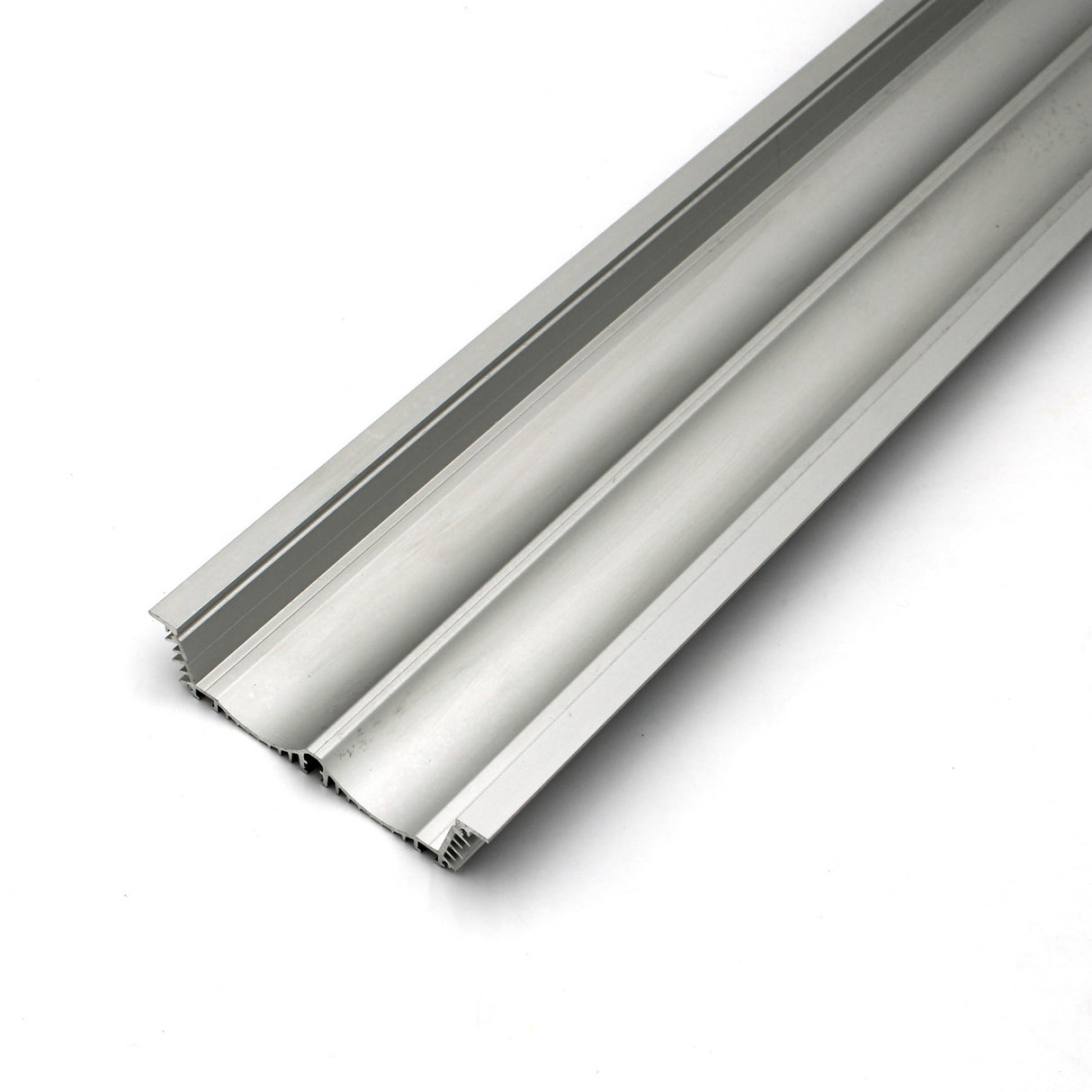 A close-up of the 4.5 Large Recessed LED Channel (Model RPLW116), a silver aluminum extrusion profile with multiple grooves, designed for LED installations, photographed on a white background.