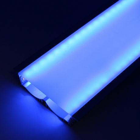 The 4.5 Large Recessed LED Channel (Model RPLW116) emits a bright blue glow with extra-wide output and a frosted surface, ensuring smooth, even blue light distribution in dark environments.