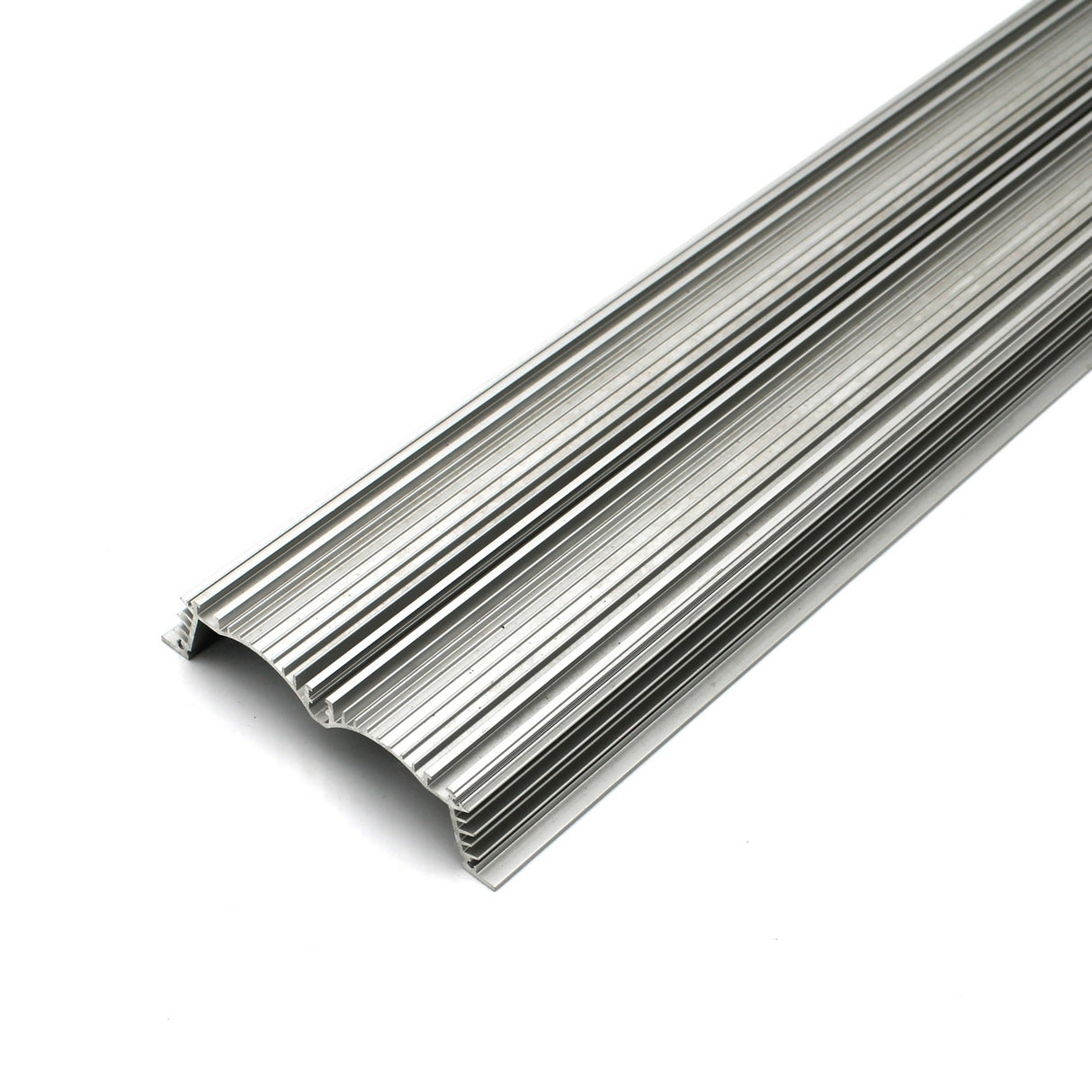 The 4.5 Large Recessed LED Channel (Model RPLW116), a long, silver, ribbed metal strip with a central rounded groove, is shown on a white background.