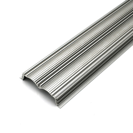 The 4.5 Large Recessed LED Channel (Model RPLW116), a long, silver, ribbed metal strip with a central rounded groove, is shown on a white background.