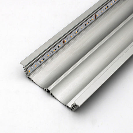 Close-up of a 4.5 Large Recessed LED Channel (Model RPLW116) in silver, featuring an embedded LED strip with visible LEDs and a linear heat sink, displayed on a plain white background.