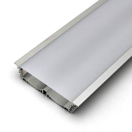 A close-up of the 4.5 Large Recessed LED Channel ~ Model RPLW116 in silver aluminum with a frosted plastic cover, featuring extra-wide light output, rectangular grooves, and end caps for diffusing and housing LED strip lights.