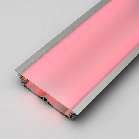 The 4.5 Large Recessed LED Channel (Model RPLW116) features a metallic housing and frosted cover that emit a soft pink glow with extra-wide light output. The fixture is shown against a plain white background.