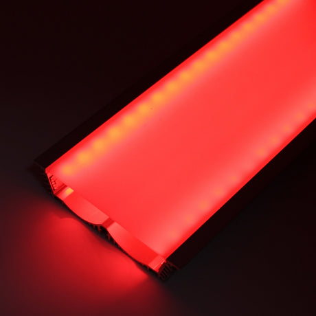 A close-up of the 4.5 Large Recessed LED Channel (Model RPLW116) shows a rectangular LED strip glowing bright red through a frosted cover, enhancing light efficiency with faintly visible LEDs against a dark background.