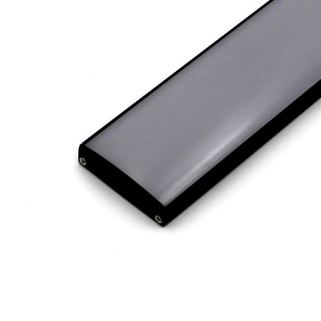 A close-up of the Surface Mount LED Strip Channel, Model SLW10, a slim black and gray fixture with a matte aluminum profile and slightly rounded top, is shown against a white background.
