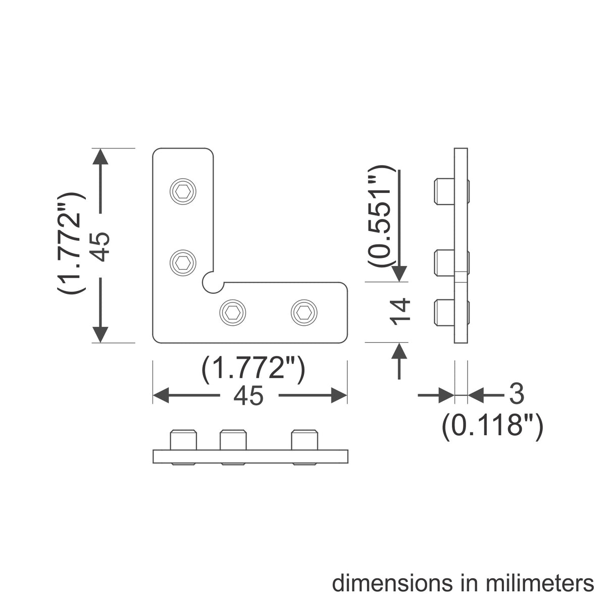 Technical drawing of a Q Connectors L-shaped metal bracket for LED profiles, with three holes per side. Dimensions are 45 mm per side, 14 mm height, and 3 mm thick. Produced by Wired4Signs USA. All measurements in millimeters.