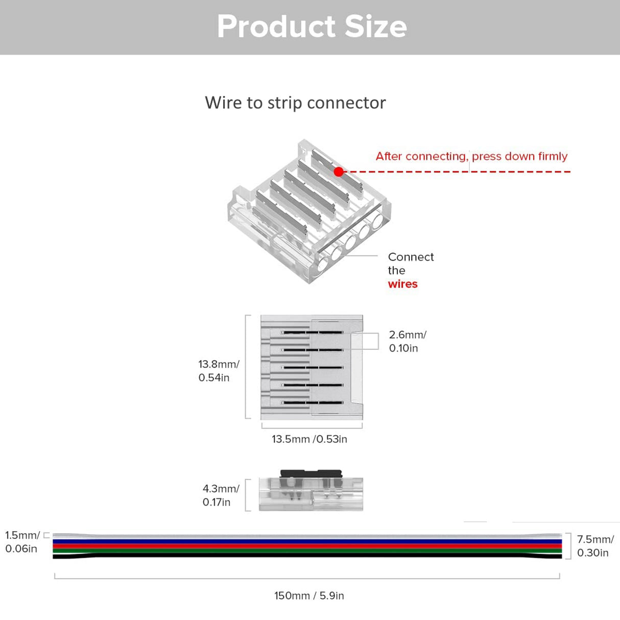 Diagram of the 5Pin LED RGBW Strip Light Connector with labeled dimensions in mm and inches, showing instructions to connect wires and press down firmly for a seamless connection.