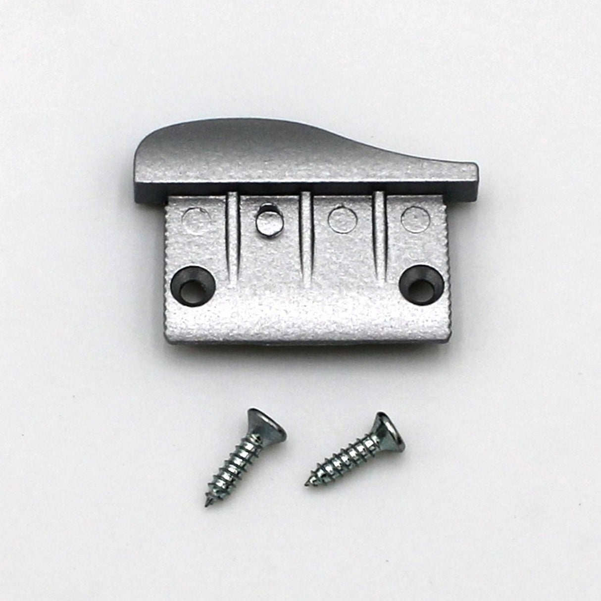 Silver metal latch with two screw holes and a raised edge, shown above two silver flat-head screws on a white background—perfect for securing Aluminum end caps for Alu-Asymmetric LED profile installation.