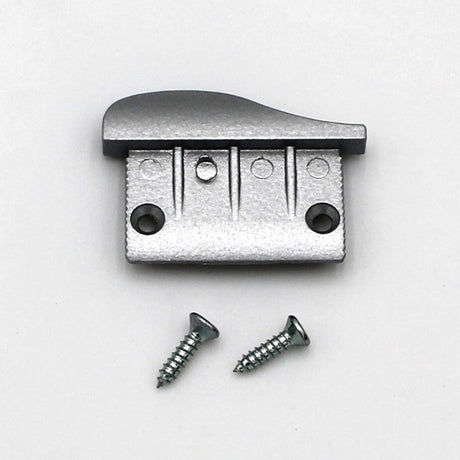 Silver metal latch with two screw holes and a raised edge, shown above two silver flat-head screws on a white background—perfect for securing Aluminum end caps for Alu-Asymmetric LED profile installation.