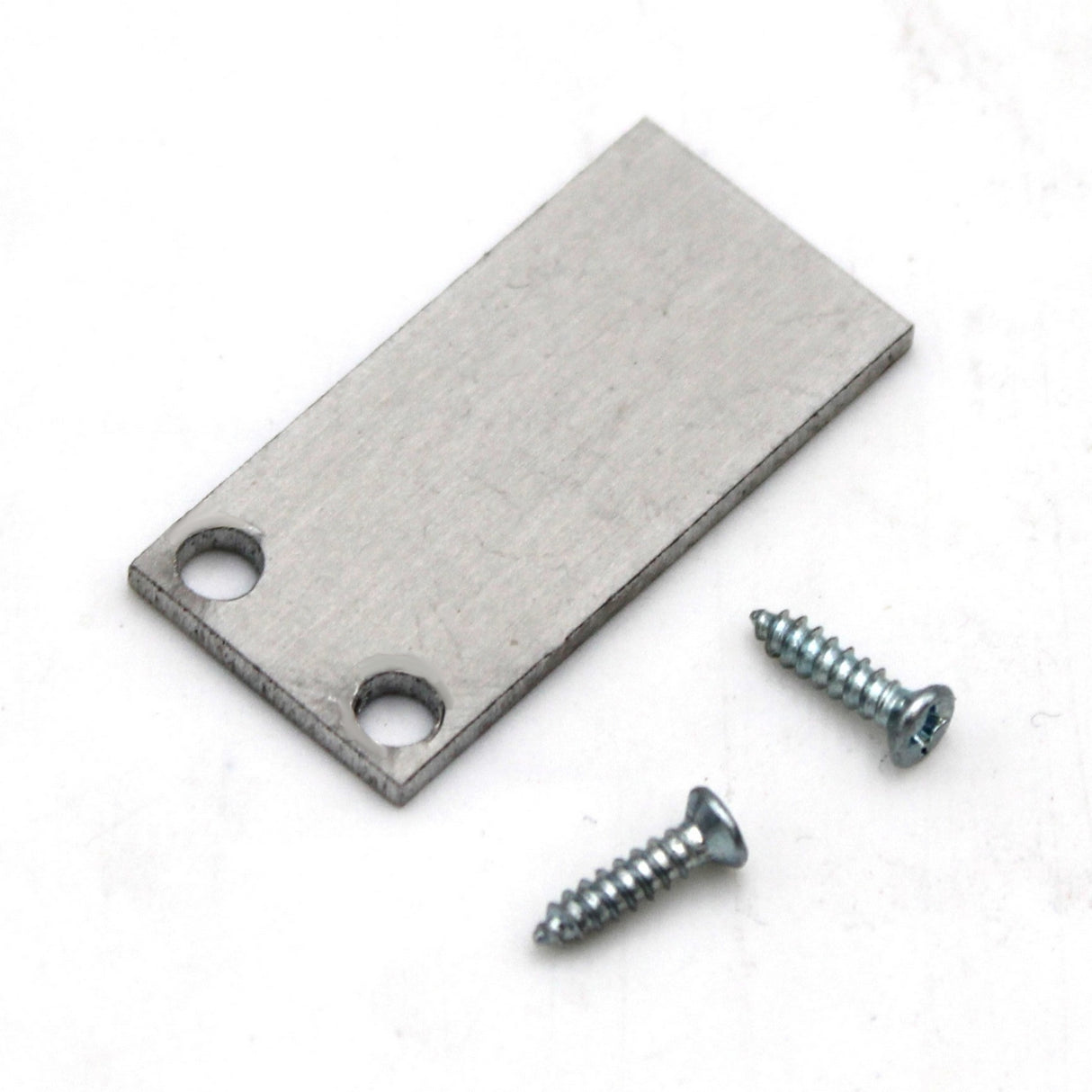 The End Cap for Hannover Profile is an aluminum, rectangular piece with two holes on one end, shown on a white surface next to two silver screws.