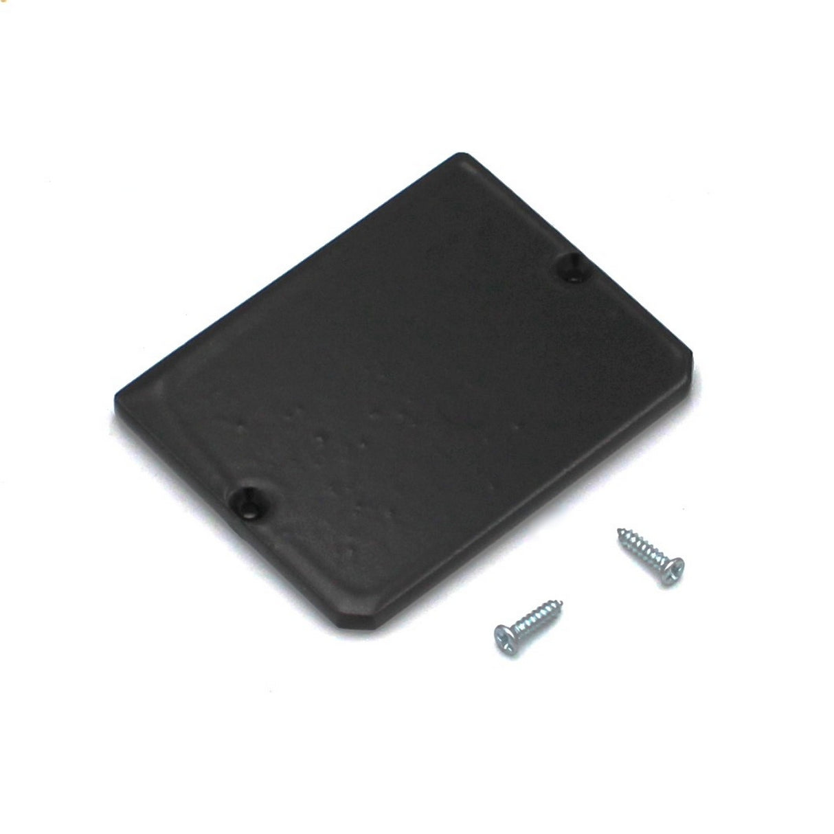 A black rectangular plastic cover plate with two small screws, ideal for securing an Aluminum End Cap for PL55-PL Profile, is placed beside it on a white background.
