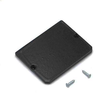 A black rectangular plastic cover plate with two small screws, ideal for securing an Aluminum End Cap for PL55-PL Profile, is placed beside it on a white background.