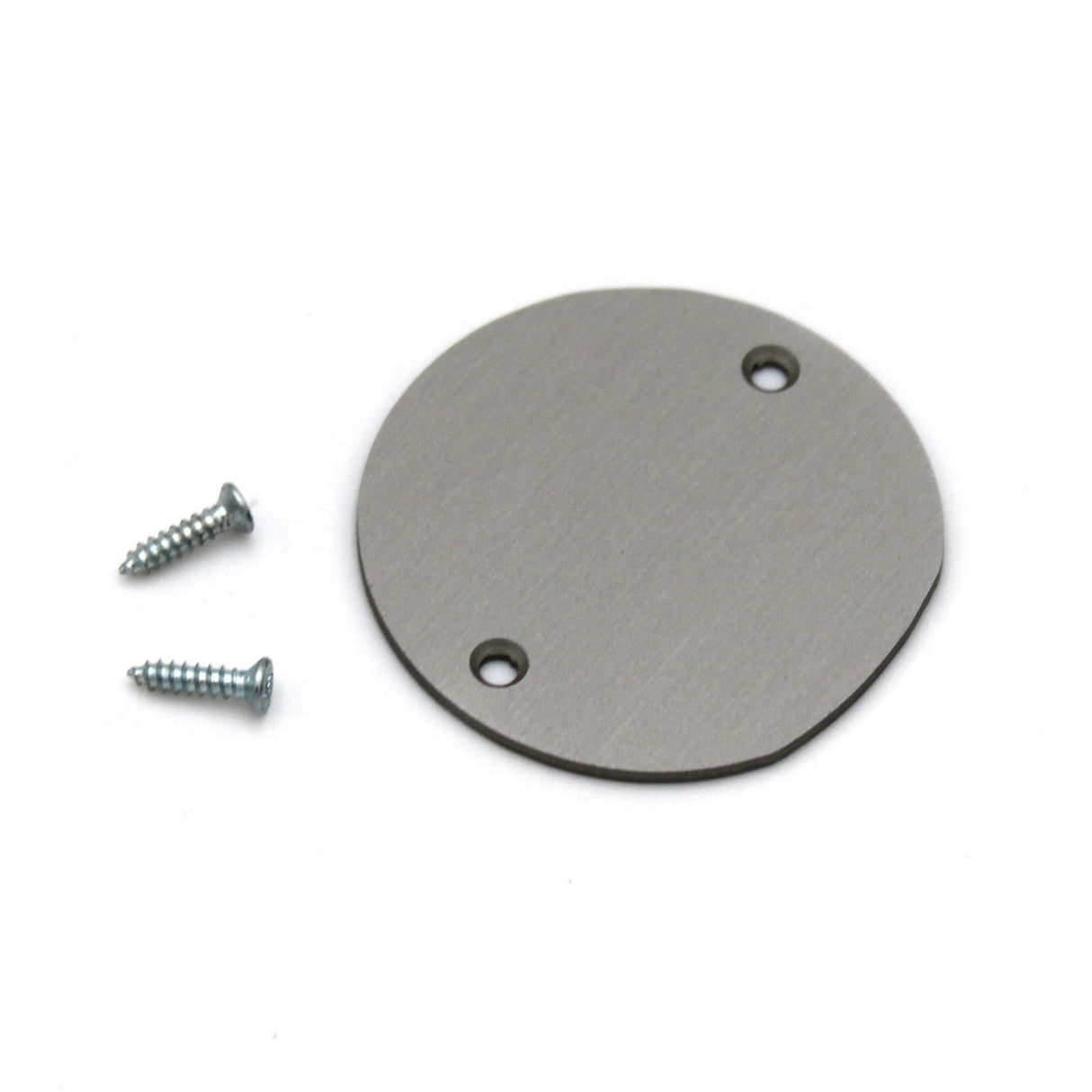 The Aluminum End Cap for Alu-Round 38 Profile is a round, flat metal plate with two screw holes, displayed beside two silver screws on a white background—perfect for finishing your LED profile installations.