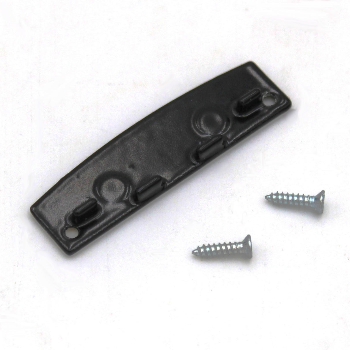 An Aluminum End Cap for the SLW10 Profile, crafted from black metal with three raised tabs and two holes at each end, is displayed next to two silver screws on a white background. Made in Europe for assured quality, this component is designed specifically for use with the SLW10 LED profile.