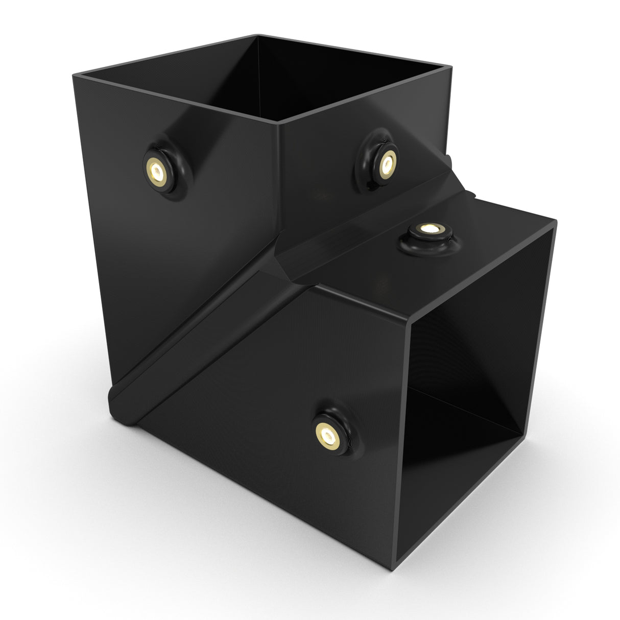 The Corner Joint for Holston74 Profile is a black, angular metal connector featuring four round fasteners and two perpendicular rectangular openings, designed for surface mounting.