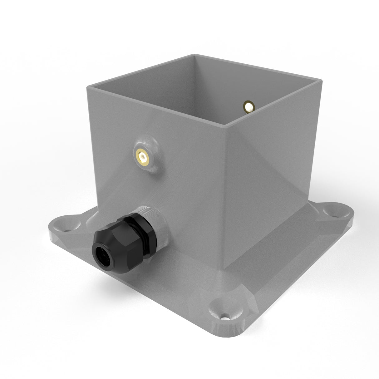 The Plastic Base for Holston74 Profile is a gray square mounting bracket with four corner screw holes and a cable gland, ideal for surface-mounting LED strips or electrical components while providing protection.