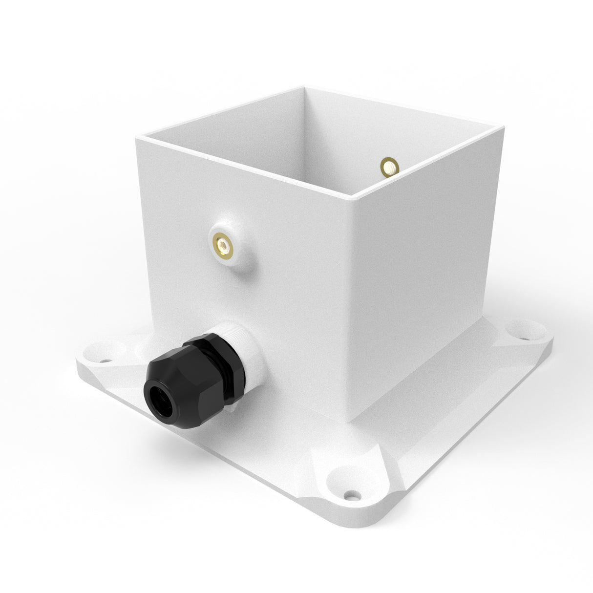 A white, square Plastic Base for Holston74 Profile with a flat base, four corner mounting holes, and a black cable gland on one side, designed for housing electrical or electronic components in surface mounting setups.