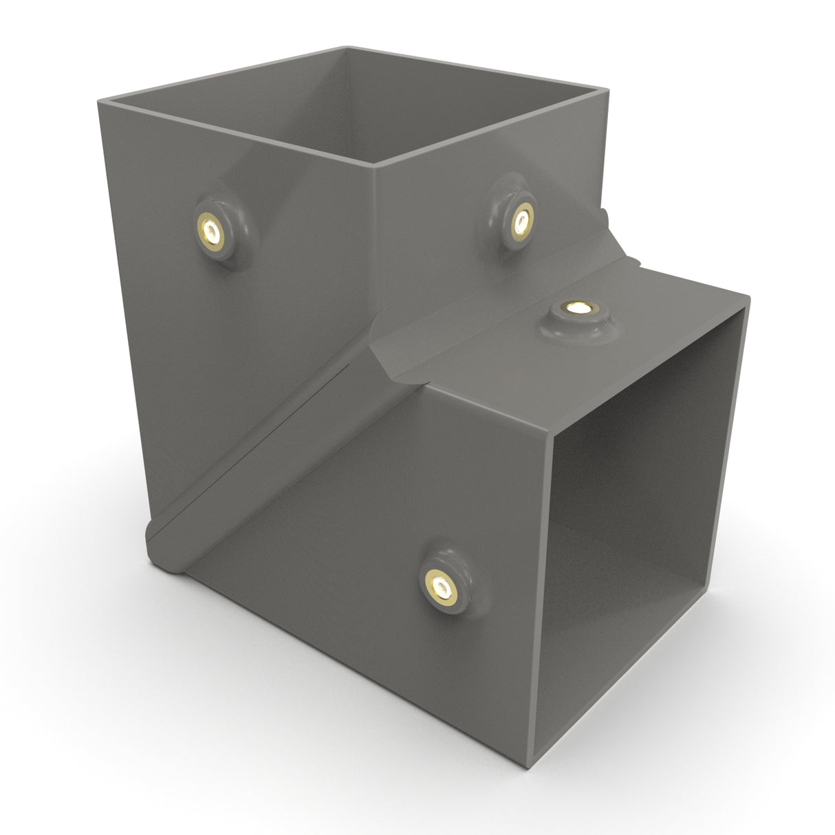 A gray, rectangular metal Corner Joint for Holston74 Profile, with a square top and smaller side outlet for surface mounting, featuring four circular connectors or fasteners, shown on a white background.