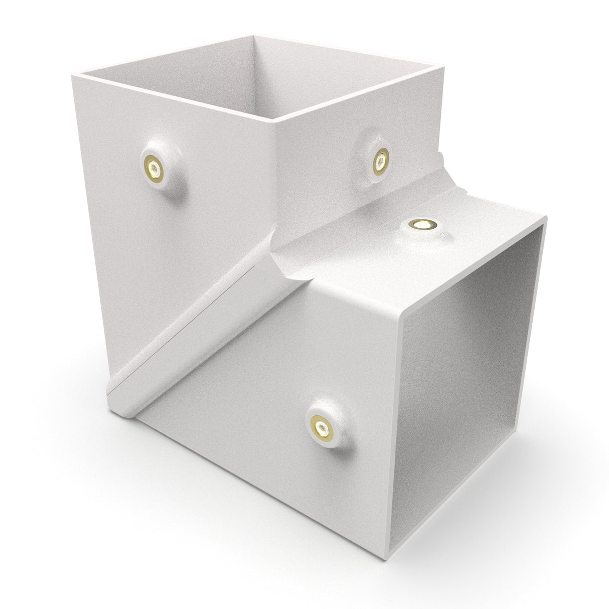 A 3D-rendered image of the Corner Joint for Holston74 Profile, a white rectangular duct transition fitting with four bolt holes, designed for airflow systems to shift ducting from vertical to horizontal at an angle.