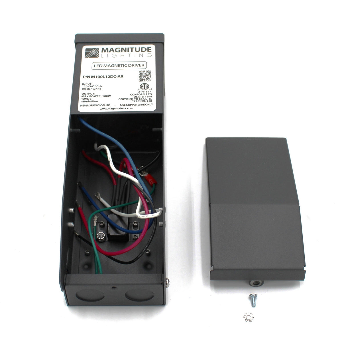An open black Dimmable Magnetic Core LED Driver (12V) ~ Magnitude M Series with exposed wiring is beside its detached cover, screw, and washer on a white background. Compatible with TRIAC dimmer systems.