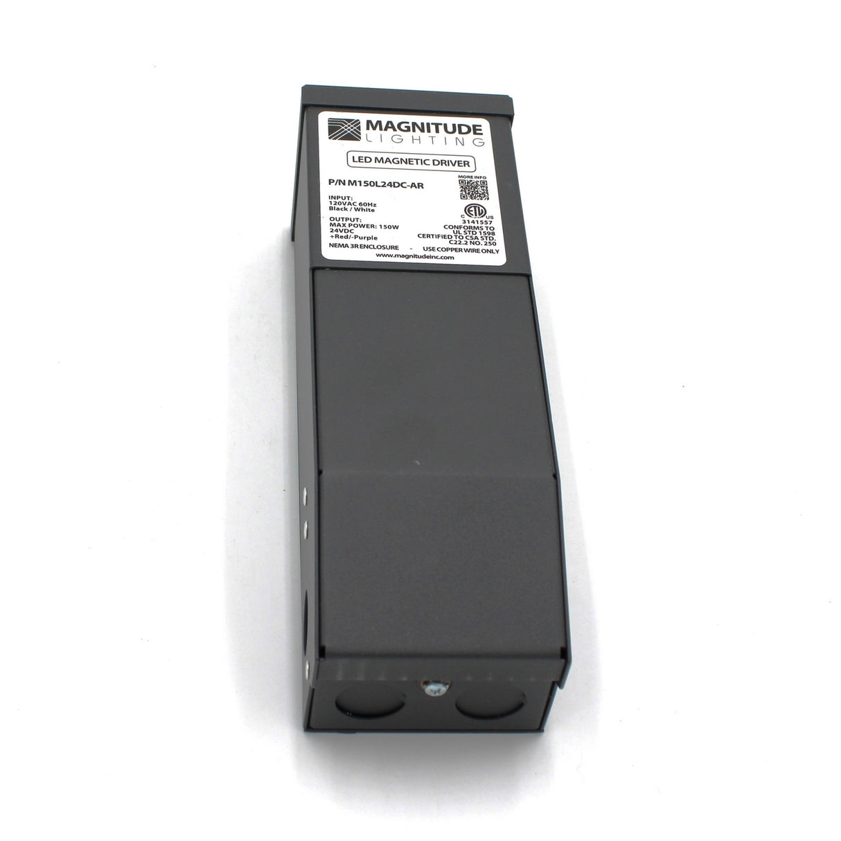 A black rectangular Magnitude M Series Dimmable Magnetic Core LED Driver (24V) with a white label showing specs and certifications, rounded edges, two circular bottom cutouts, and reliable power supply.