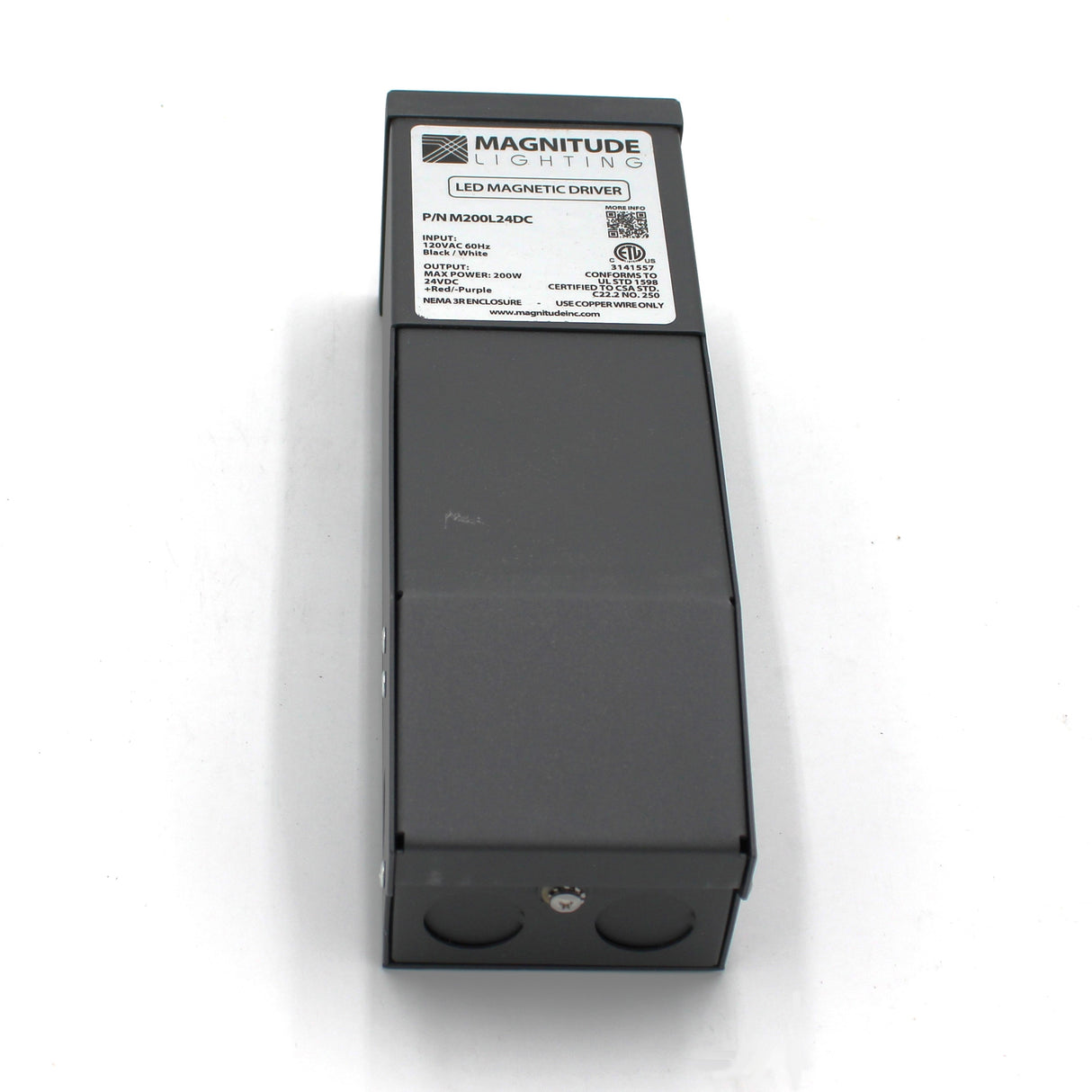 A black Magnitude M Series Dimmable Magnetic Core LED Driver (24V) with a top label showing specs and certifications, viewed from above on a white background.