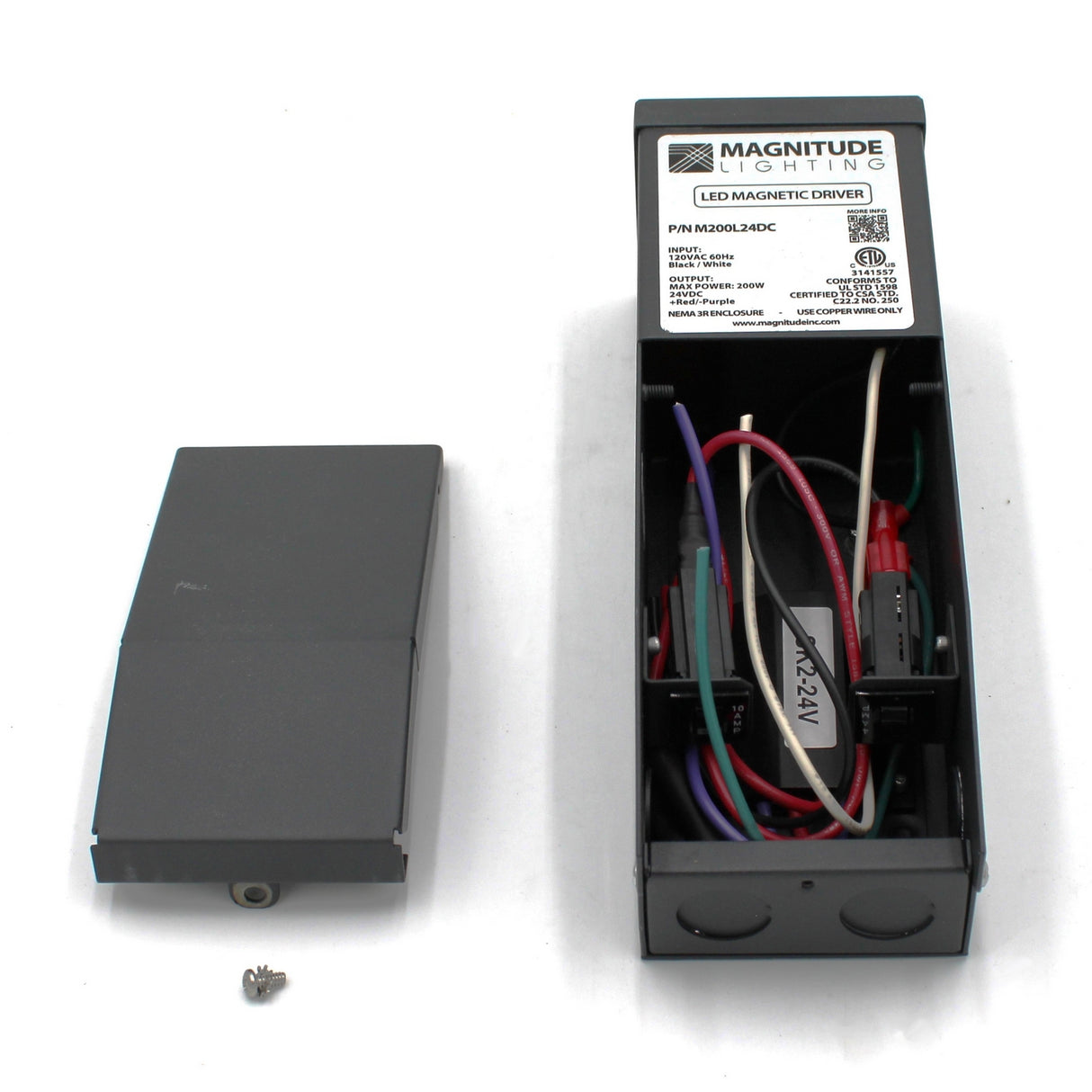 An open Magnitude M Series Dimmable Magnetic Core LED Driver (24V) is shown with exposed colorful wires and a removed cover nearby, revealing the internal electrical components and a product label on the lid.