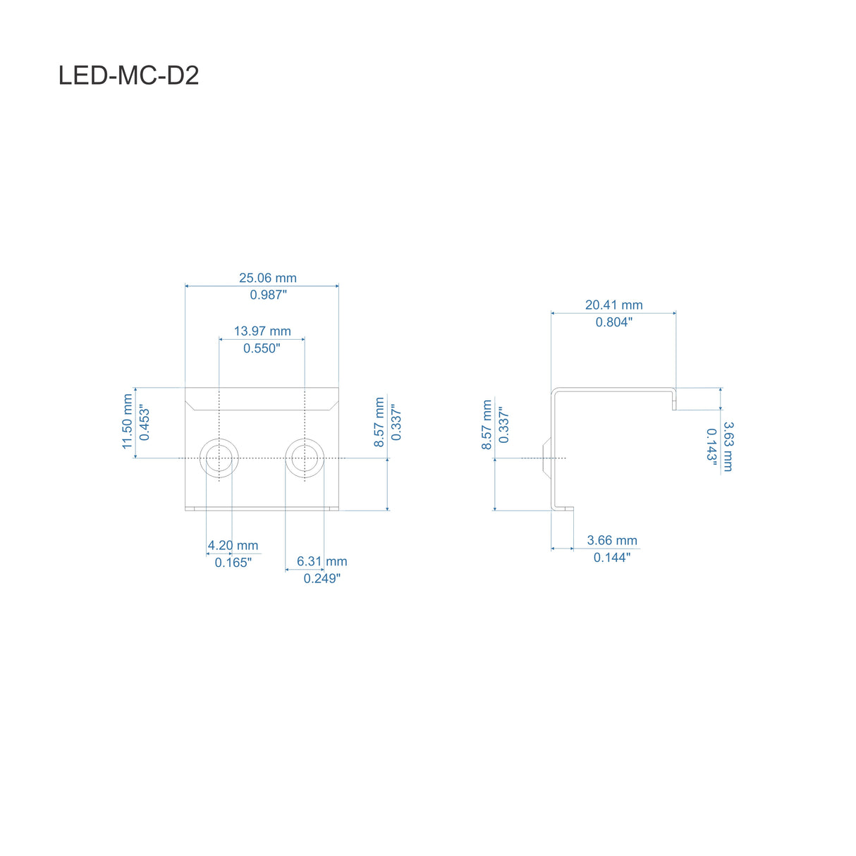 Technical drawing of the ALU-45 spring steel mounting bracket for the ALU-45 LED profile, with front and side views, measurements in mm and inches (hole diameters, width, height, thickness). Made in Europe.