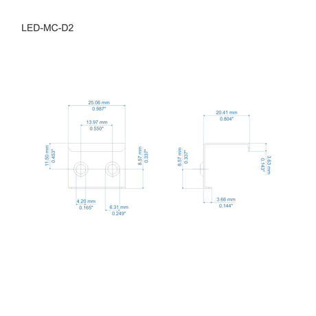 Technical drawing of the ALU-45 spring steel mounting bracket for the ALU-45 LED profile, with front and side views, measurements in mm and inches (hole diameters, width, height, thickness). Made in Europe.