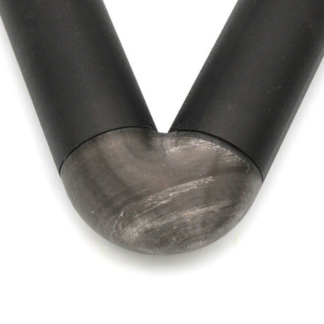 Close-up of a translucent Elbow for Oslo Profile, featuring a V-shape with a metallic, rounded connector joining the two arms, shown against a white background.