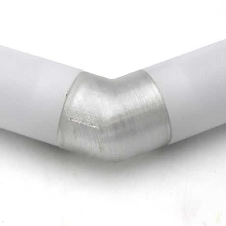 Close-up of two Oslo Profile tubes connected at an angle by a Translucent Elbow, all in white PETG material, on a plain white background.