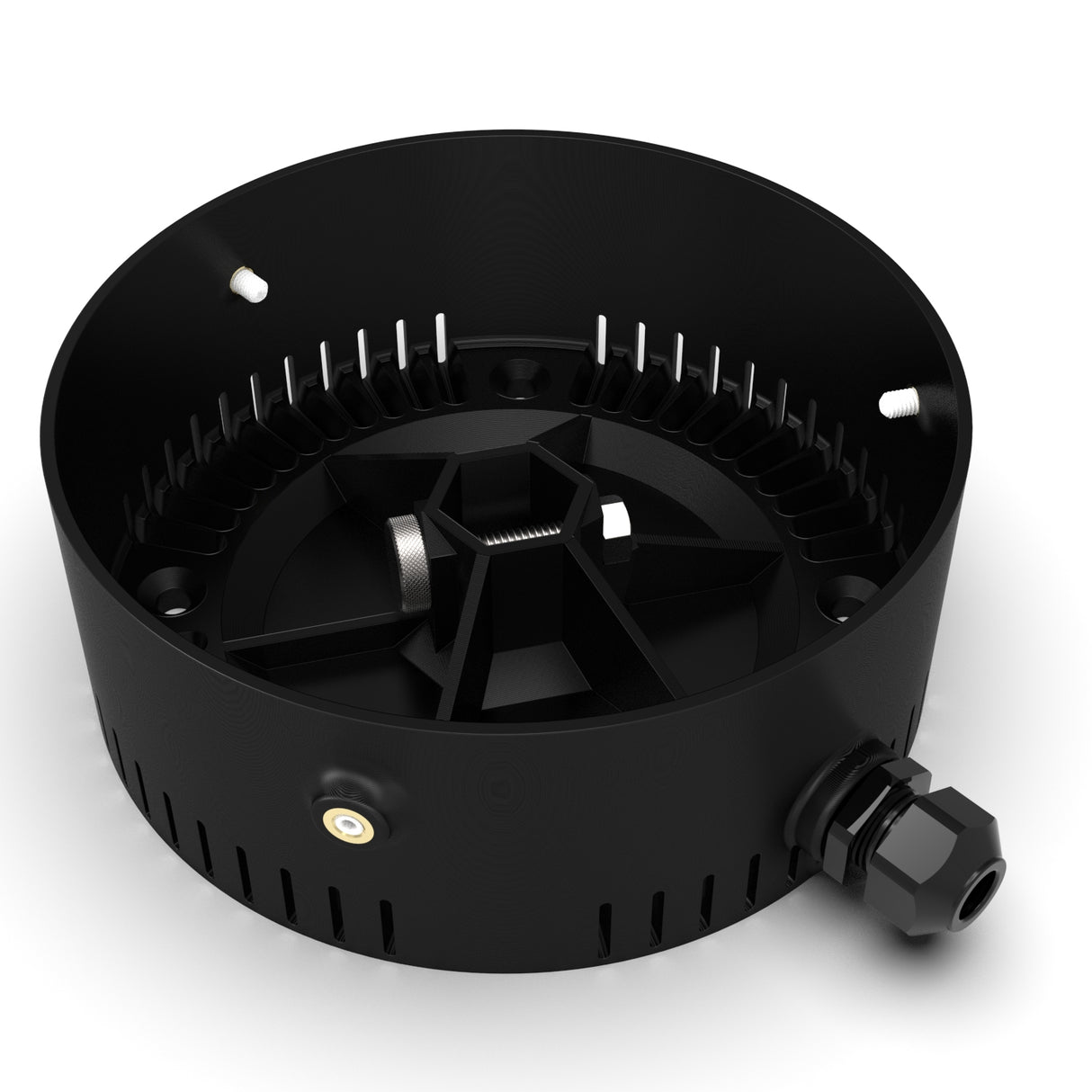 A black circular Plastic Base for Smokies150 Profile, featuring an open top, interior spokes, external screw points, and a side cable gland—designed for LED lights—displayed against a white background.
