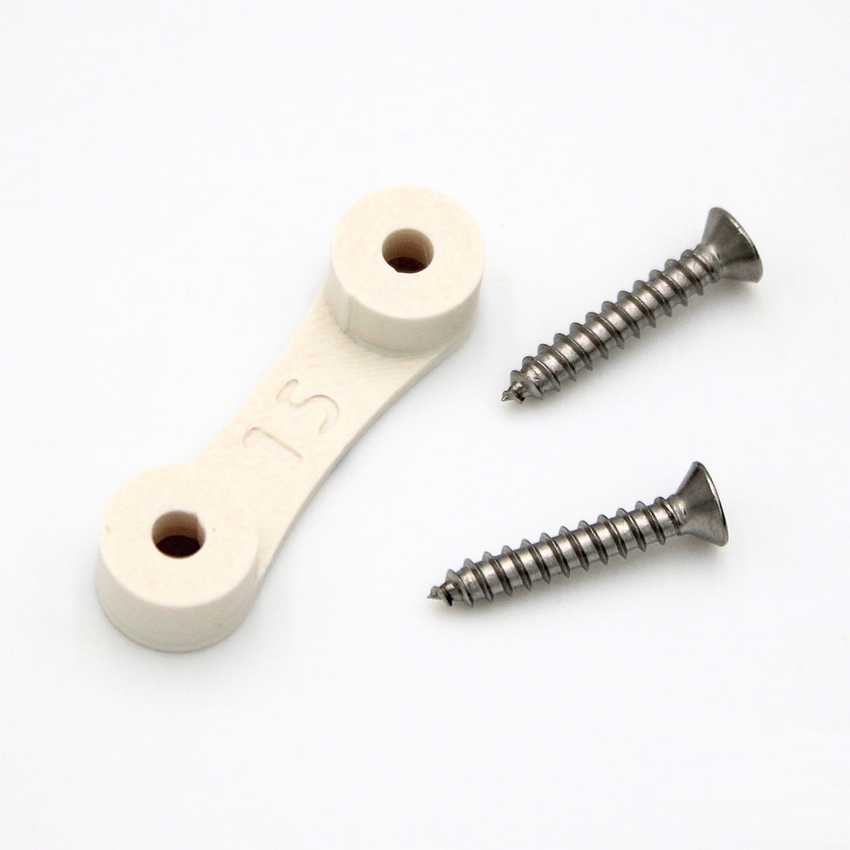 The LED Strip Saddle is a white plastic bracket with two holes and "15" embossed, shown with two silver screws on a white background—perfect for mounting waterproof LED strips in your 3D-printed accessories setup.